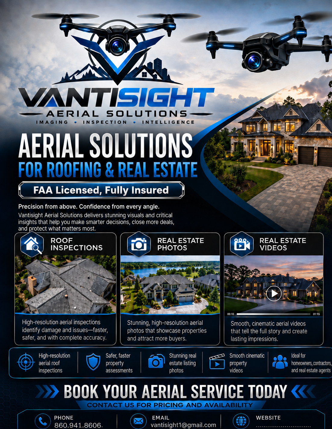VantiSight Aerial Solutions - FAA Licensed and Fully Insured drone roof inspections, real estate photography and video