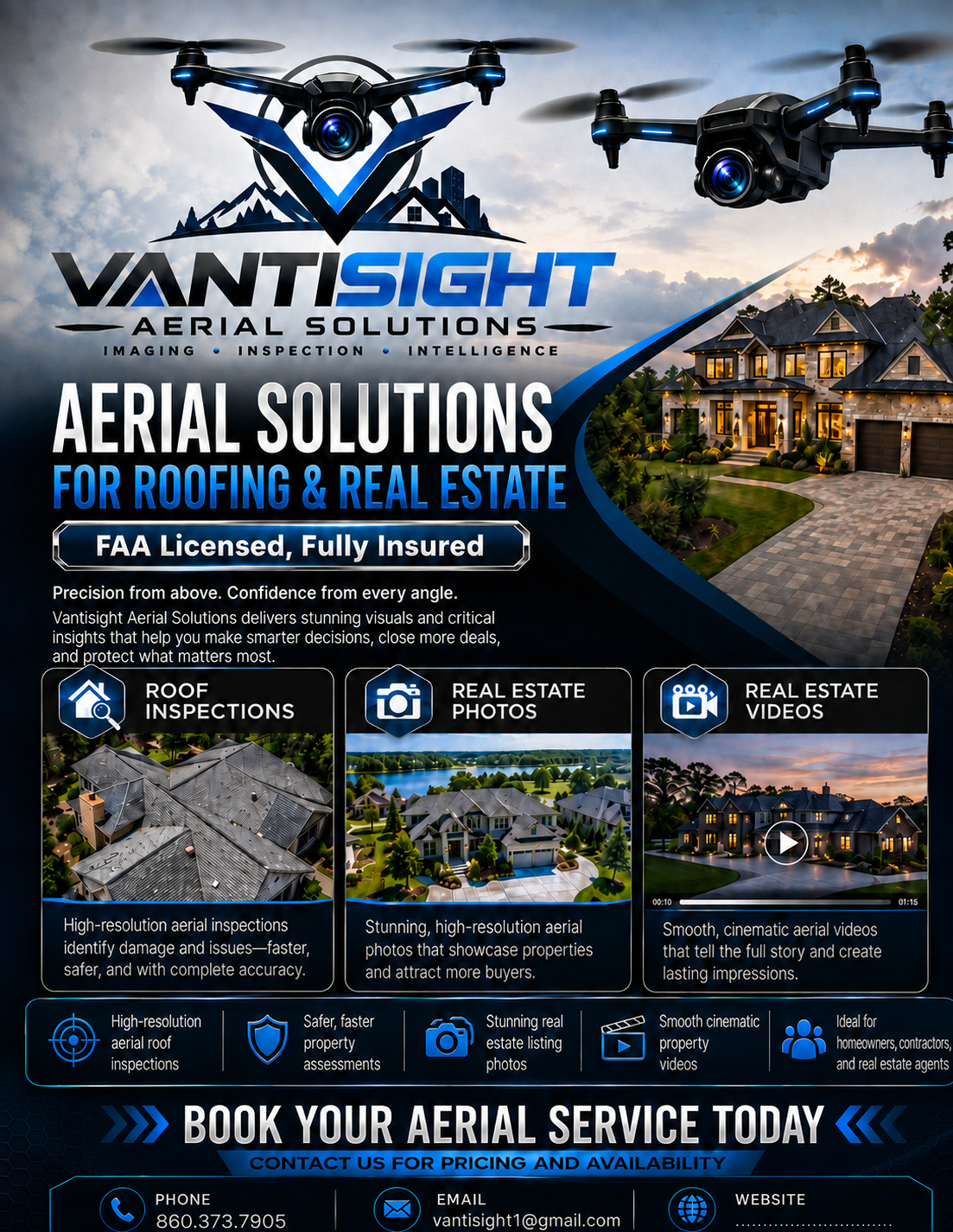 VantiSight Aerial Solutions - FAA Licensed and Fully Insured drone roof inspections, real estate photography and video